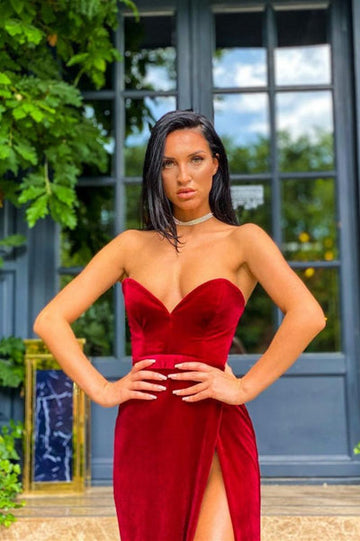 VELVET SWEETHEART FRONT SPLIT EVENING DRESS SLEEVELESS PROM PARTY GOWNS HZ1023